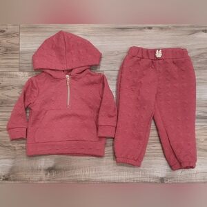 Baby Girl Pink Textured Sweater Gold Zipper And Pants Jogger Set